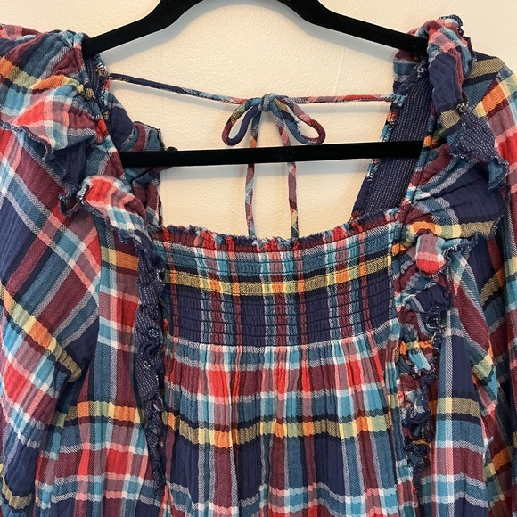 Free People We the Free Sienna Plaid Navy Ruffle Top Size Small - Picture 6 of 10